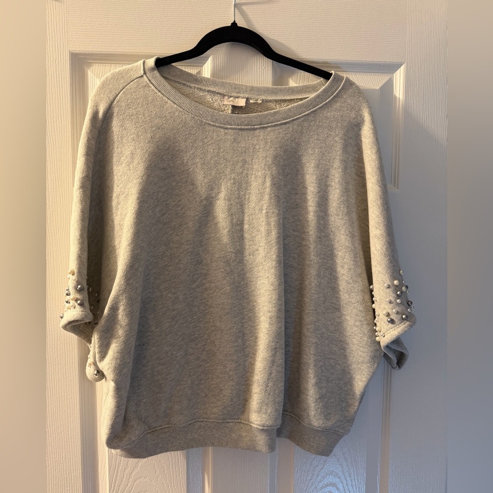 Anthropologie Pearl-Embellished Grey Pullover Sweatshirt - Size Medium